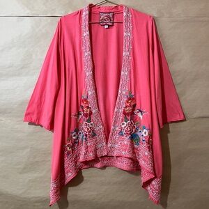 Johnny Was Embroidered Hummingbird Cardigan Sweater Wrap Open Front Pink Size M